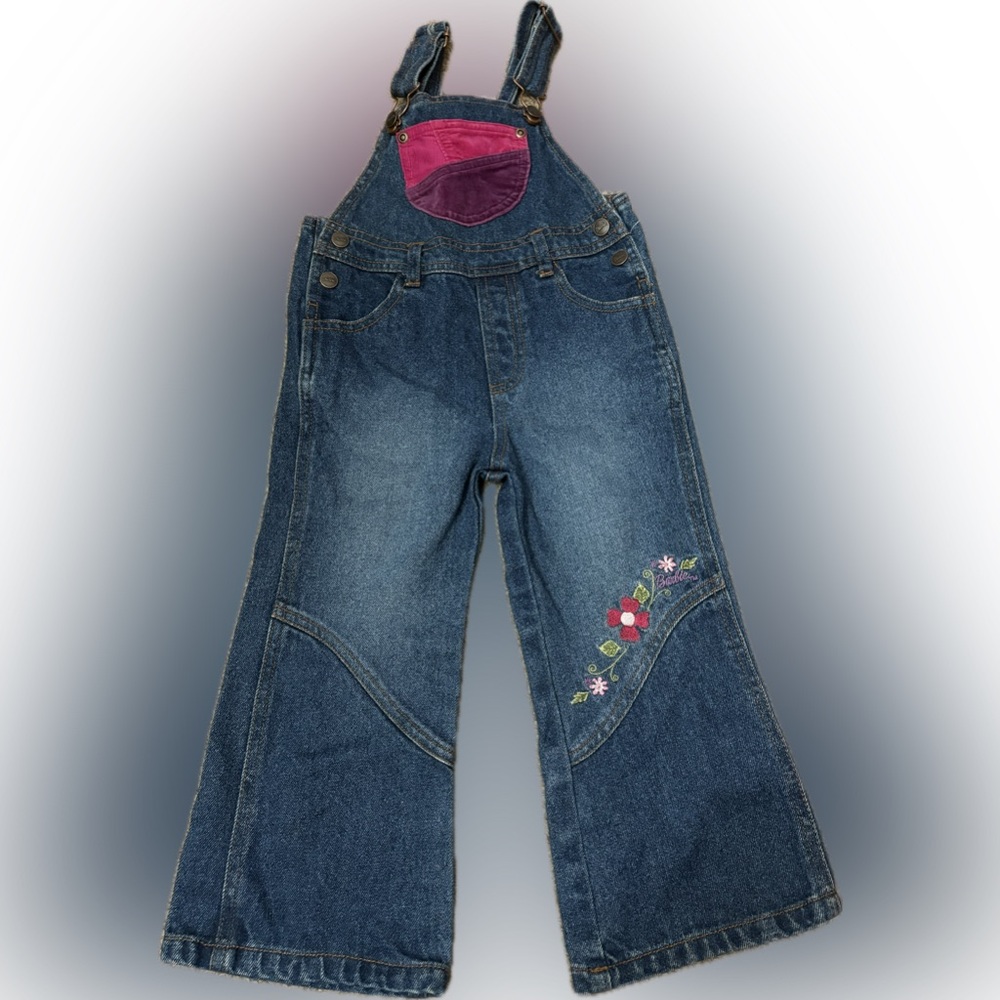 Barbie Denim Overalls with Pink Floral Embroidery